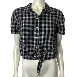 Vintage Sonoma Plaid Tie Front Crop Top Black White Misses